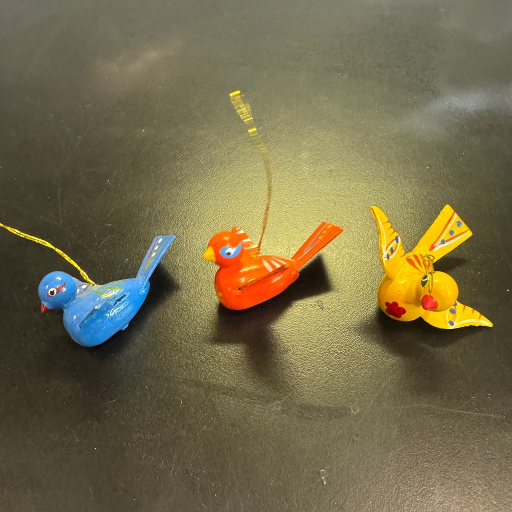 Bird Ornaments Set of 3 Small Multi-Color Hand Painted Wooden Folk Art Decor